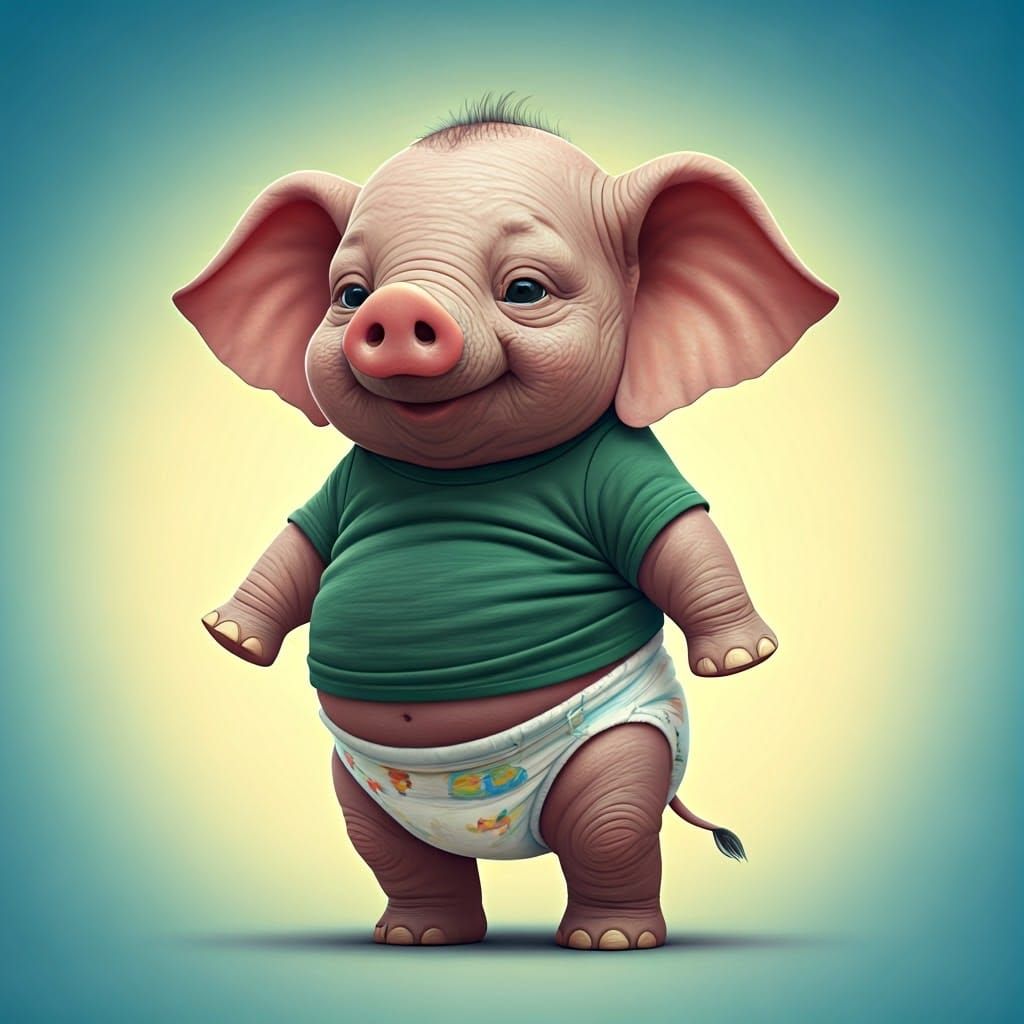 Adorable Elephant-Pig Hybrid Wears Green T-Shirt in Vibrant...