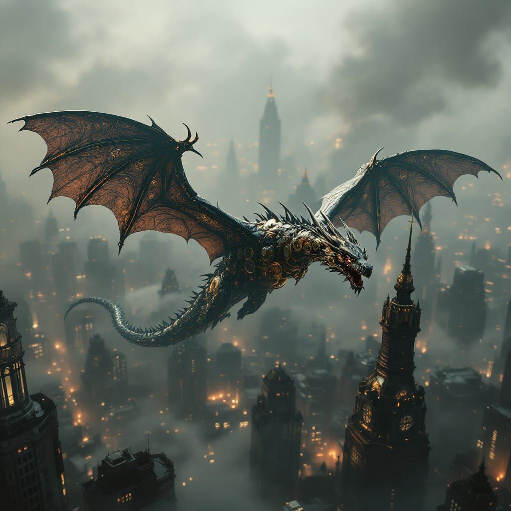 Steampunk Dragon Soars Through Dystopian Cityscape