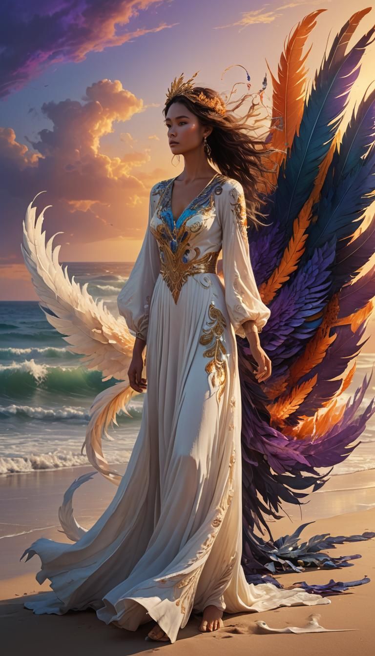 Woman Gazing at Phoenix on Beach: Fantasy Illustration
