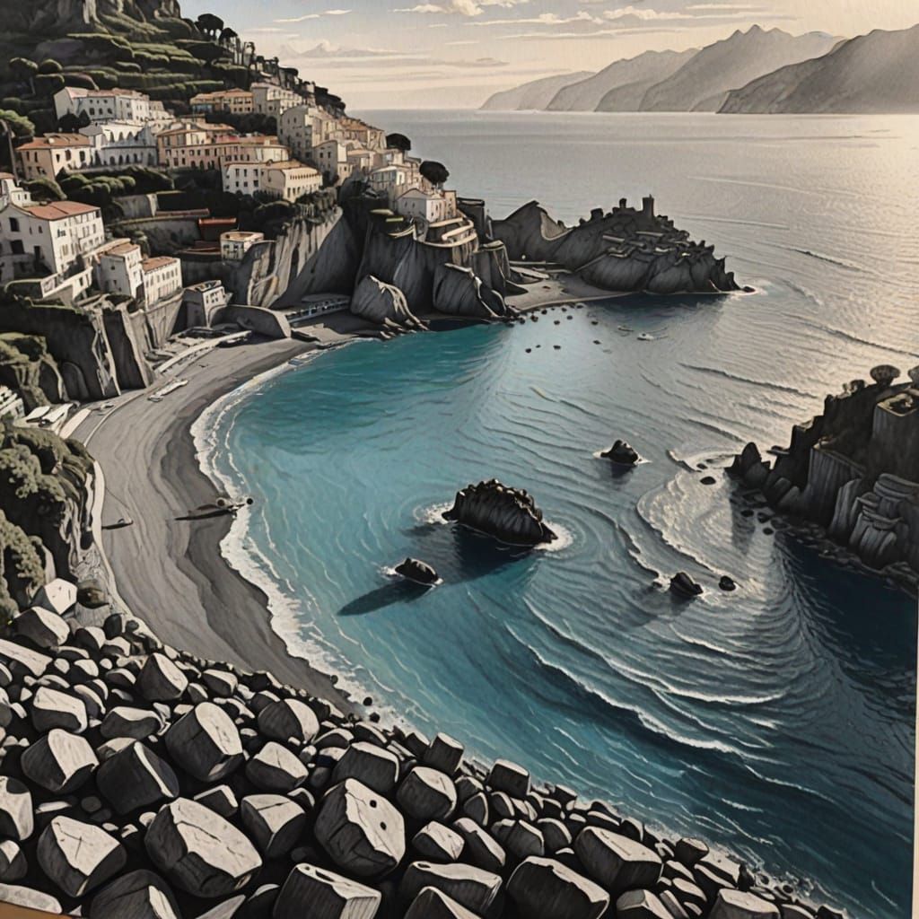 Amalfi Coast Charcoal Drawing from Airplane Window