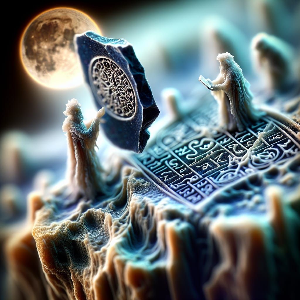 Ethereal Entity on Ancient Stone Tablet in Tilt-Shift Photog...