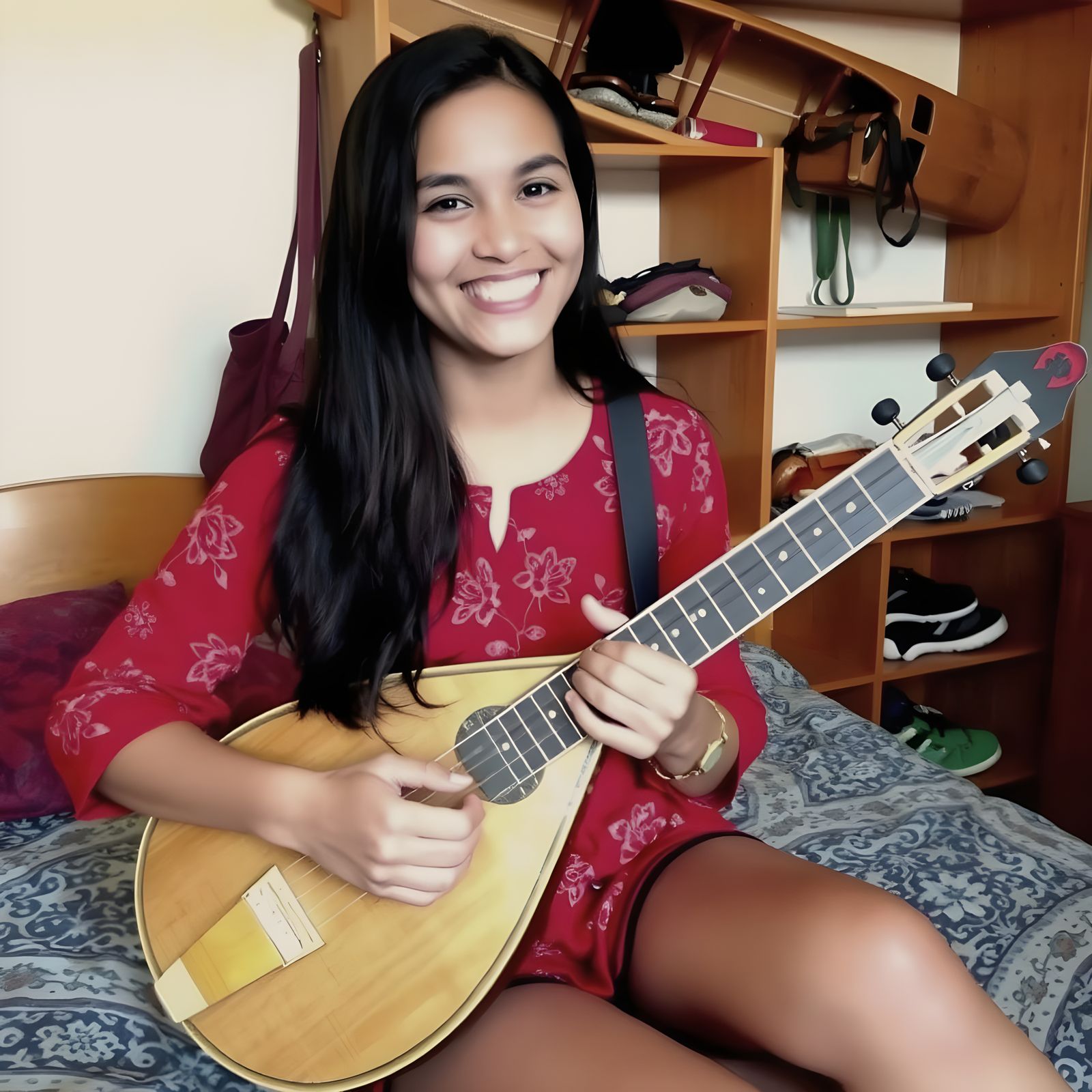 Serene Indian-Inspired Woman Plays Sitar with Joy