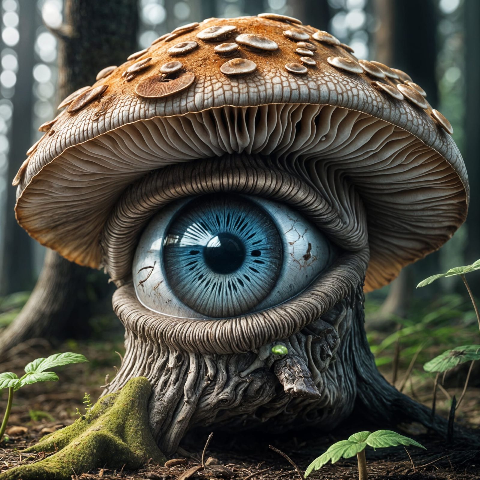 Surreal Mushroom Growing From Eye: 3D Render