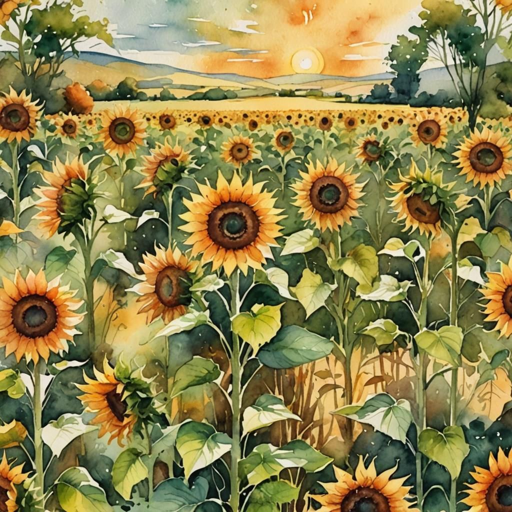 Watercolor Landscape of Sunflowers in Field