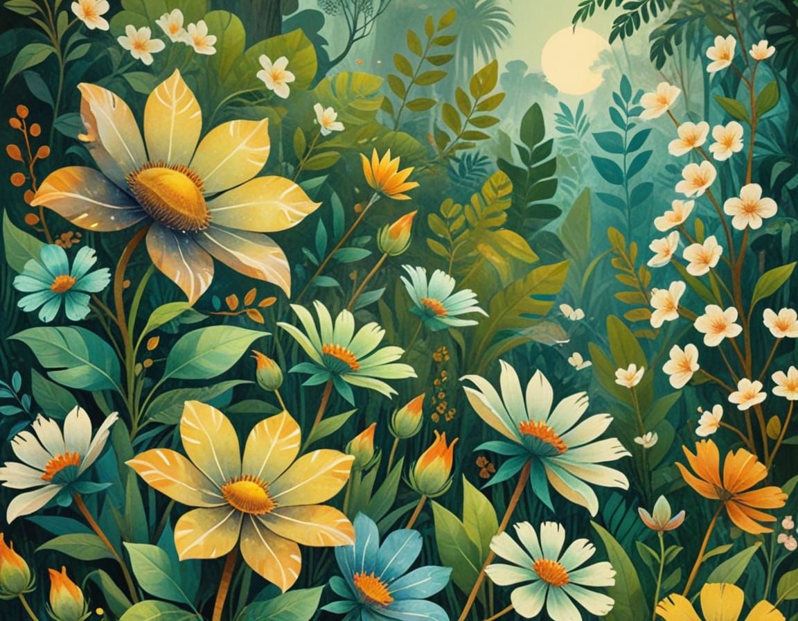 Surreal Jungle Scene in Vibrant Watercolor Style