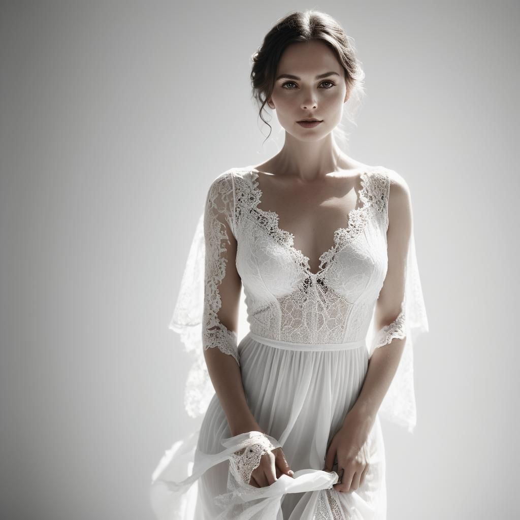Elegant Woman in White Dress: Black and White Photography