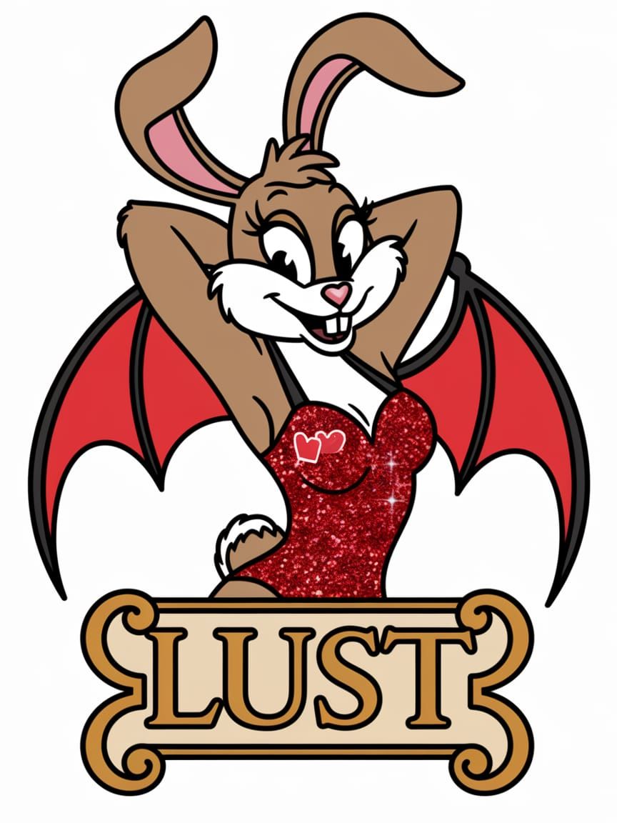 Sultry Red Rabbit of Desire with Bat Wings and Heart