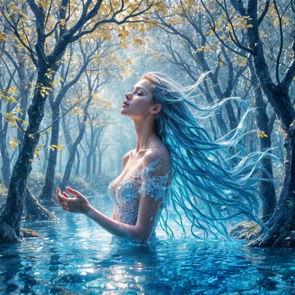 Surreal Woman with Water Hair in Crystal Forest