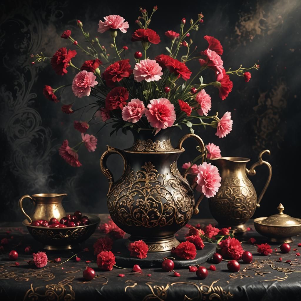 Dark Fantasy Still Life with Jug and Cherries