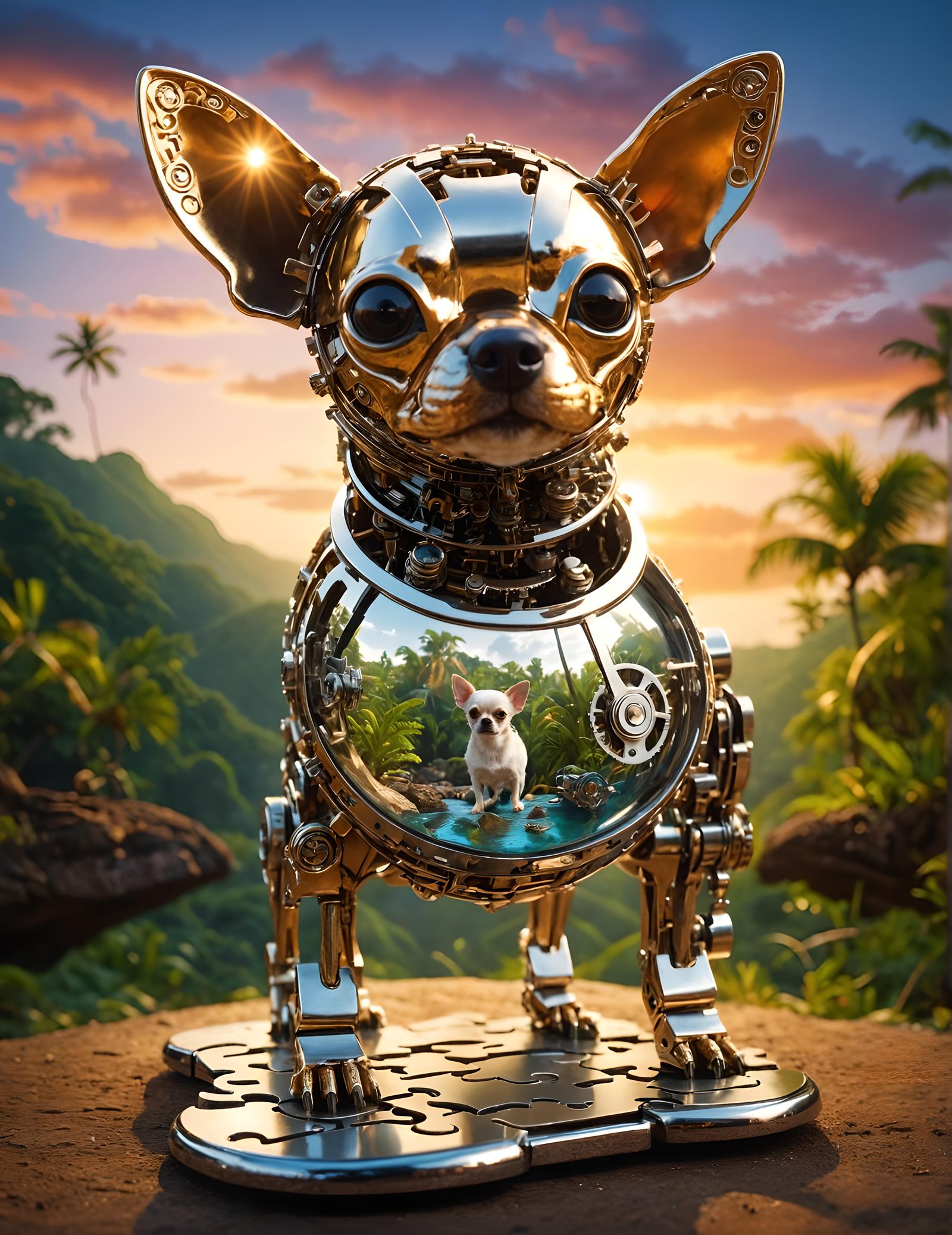 Cyborg Chihuahua with Clockwork Mechanisms on Jungle Beach