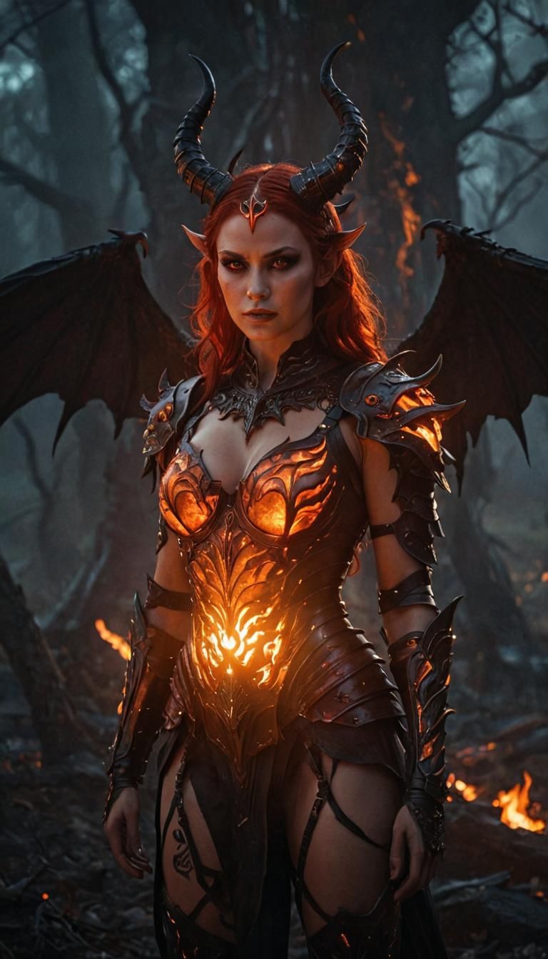 Fiery Demoness in Hellish Landscape: Dark Fantasy Art