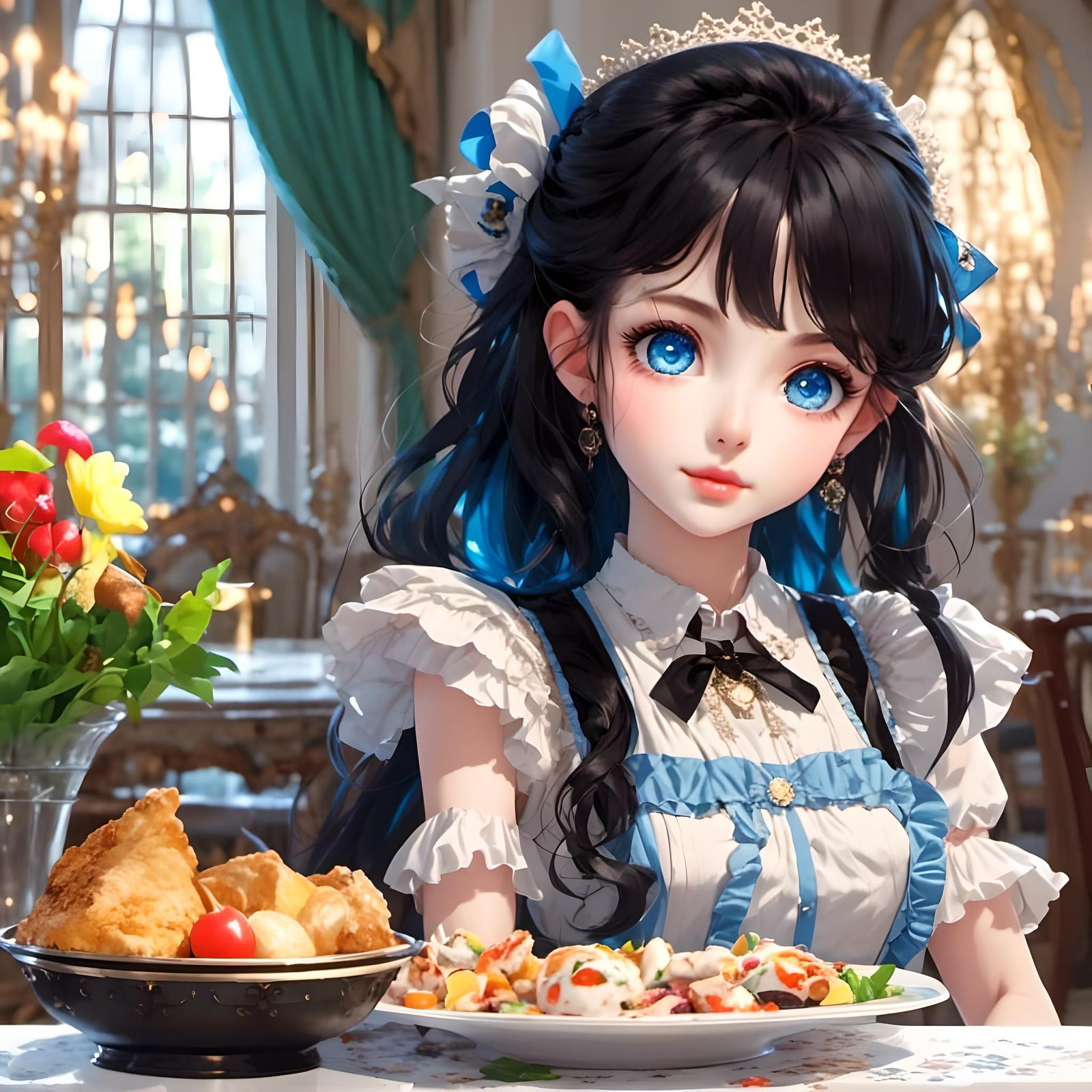 Anime Serving Girl with Blue Eyes