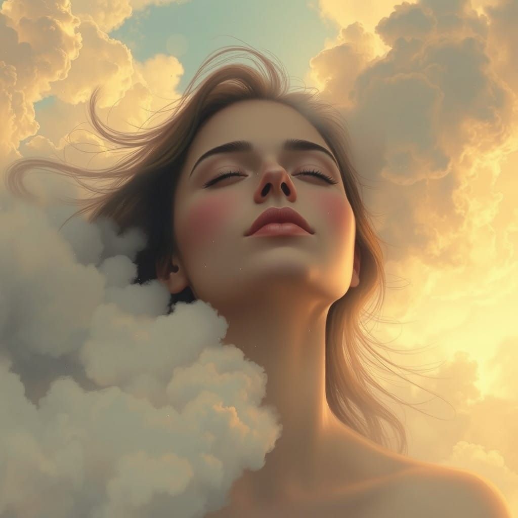 Serenity Goddess Drifts Among Soft Clouds