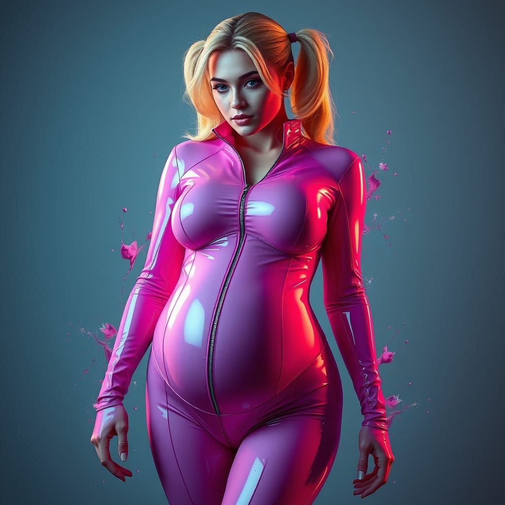 Beautiful Pregnant Blonde in Pink Latex Suit, High Heels and...
