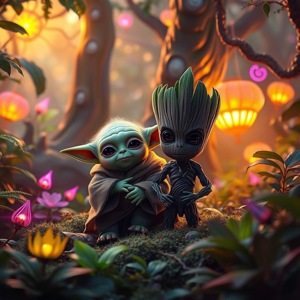 Baby Yoda and Baby Groot in Whimsical Mystic Forest