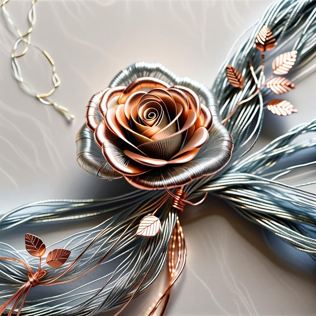 Silver String Rose and Copper Thread Floral Art