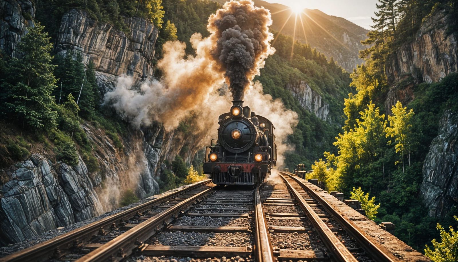 Vintage Steam Train Ascending Mountain Bridge