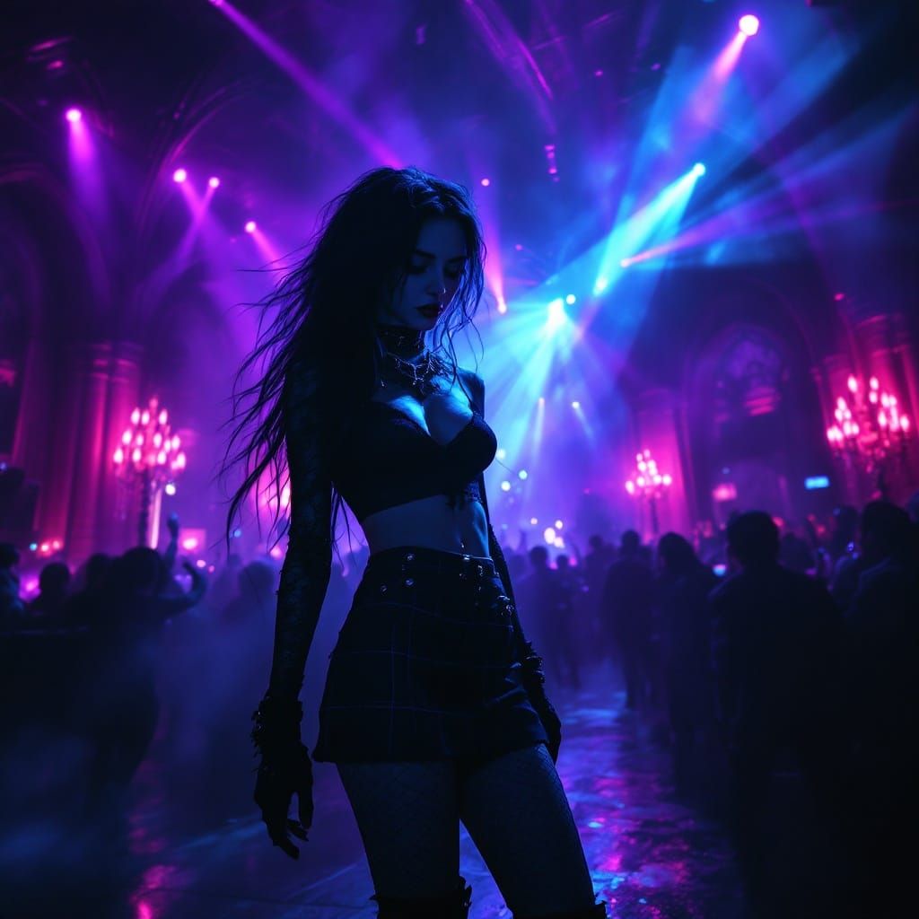 goth girl in black crop top tight short mini skirt fishnets ...