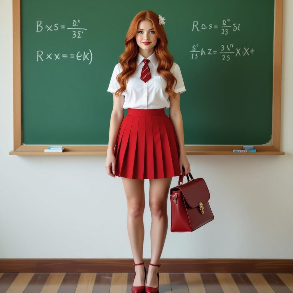 Redhead Woman in Red Skirt, Realistic Photo