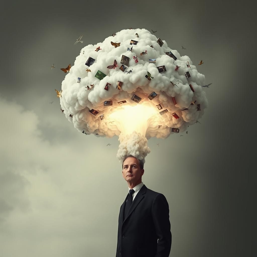 Mushroom Cloud Head: A Surreal Photo Collage