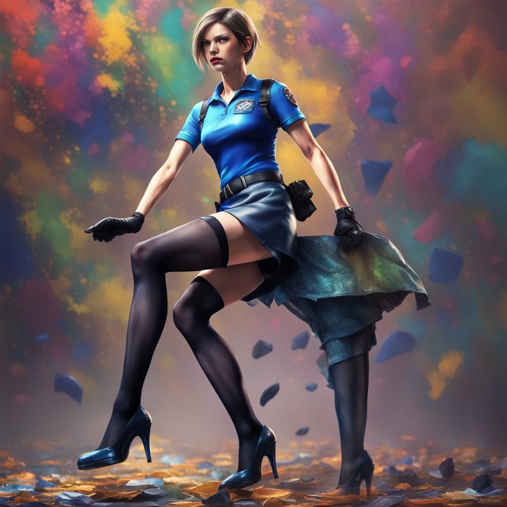 Jill Valentine wearing miniskirt, black pantyhose and high h...