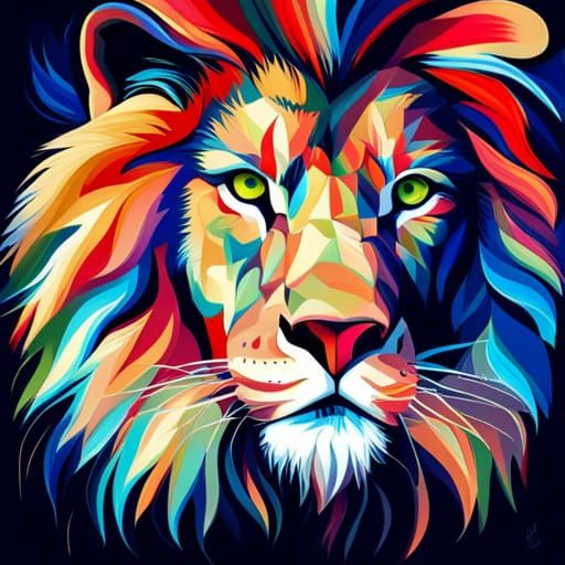 Abstract Lion Streaked with Red and Blue