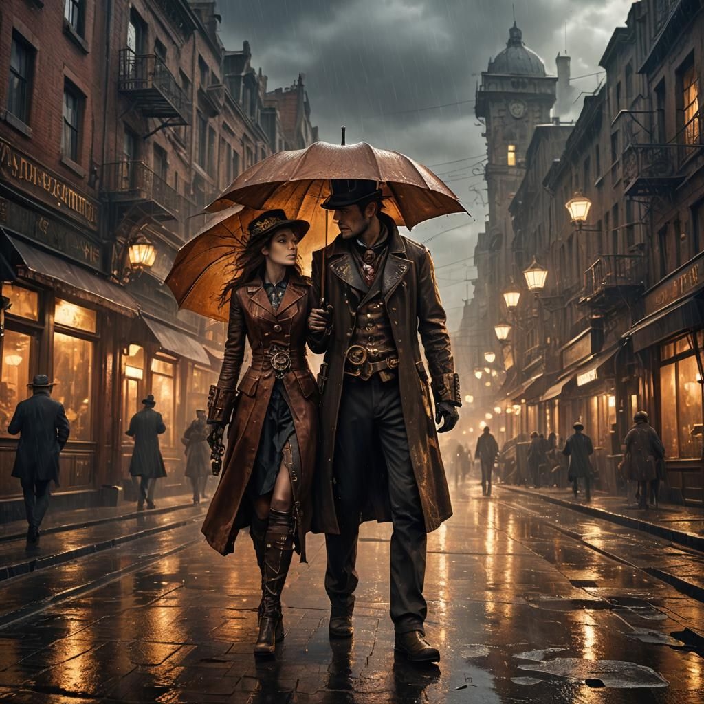 Steampunk Lovers Embrace in Rainy Cityscape
