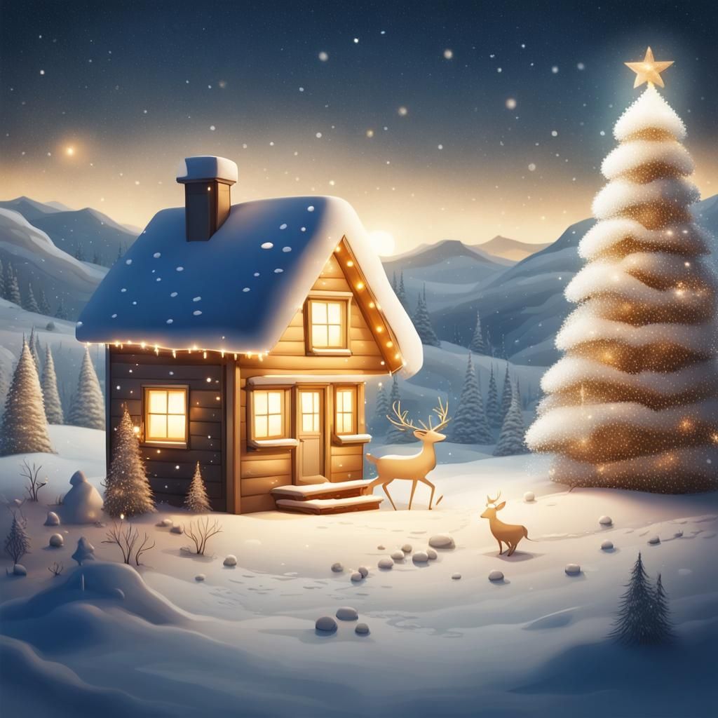 Dreamy Winter Landscape with Christmas Tree