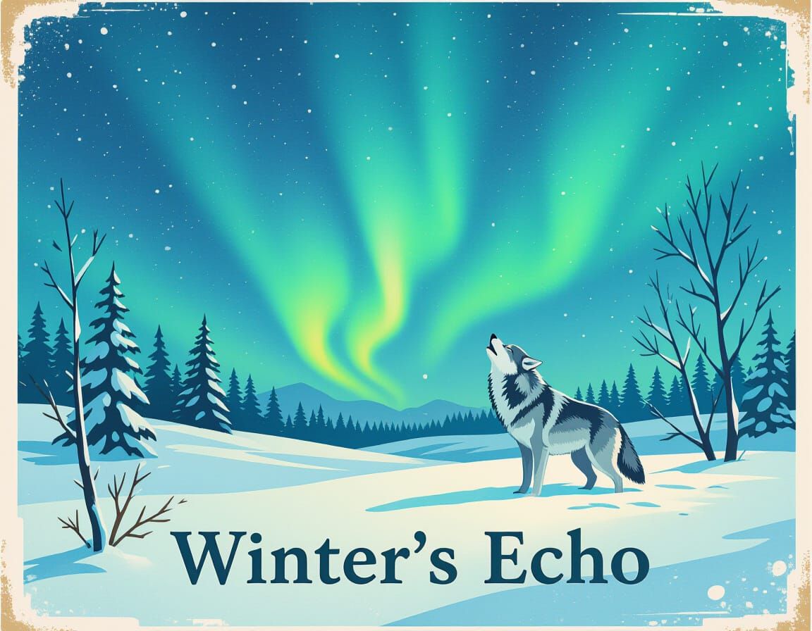 Lone Wolf Howling at Aurora Borealis in Winter