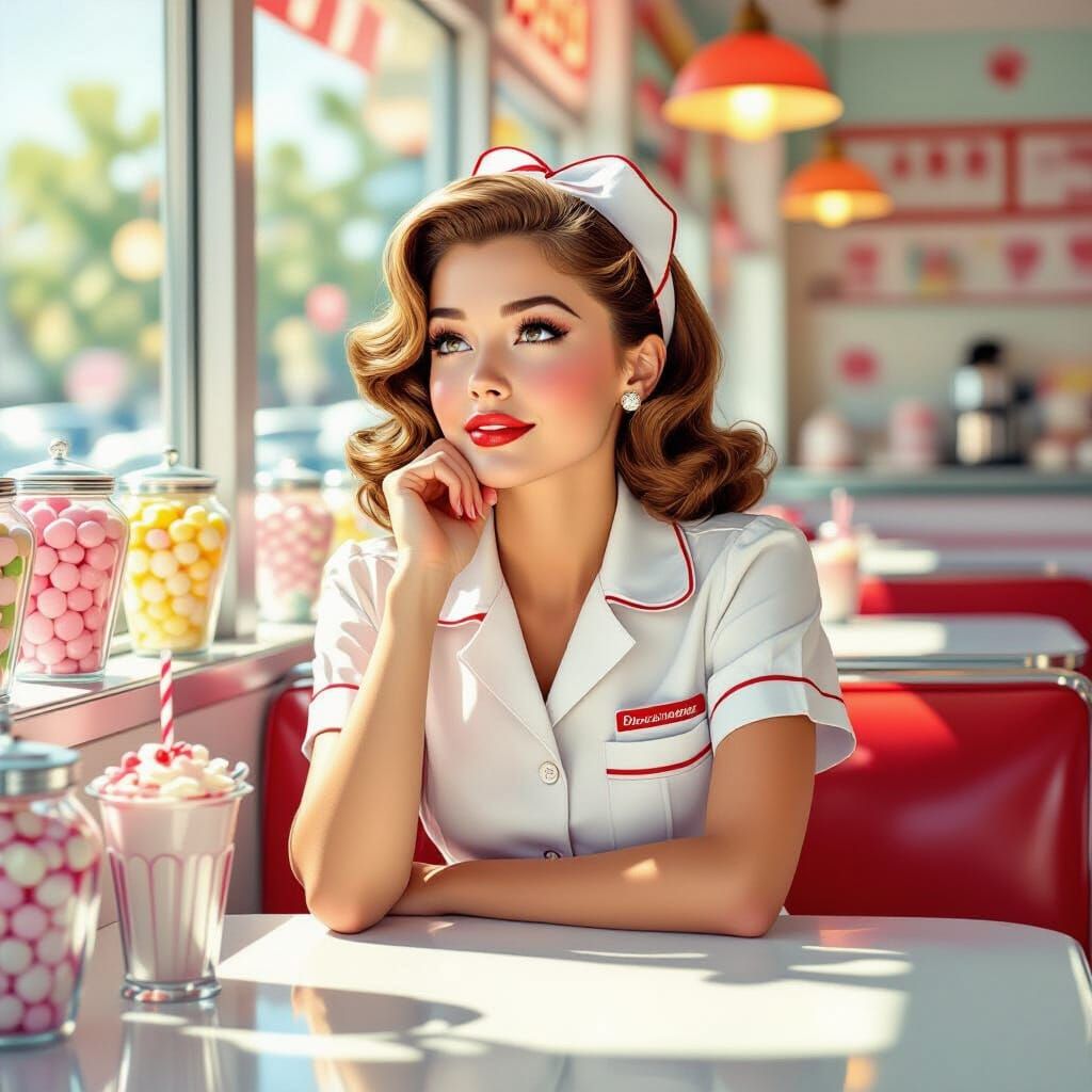Dreamy 1950s Diner Girl Thinking of Love