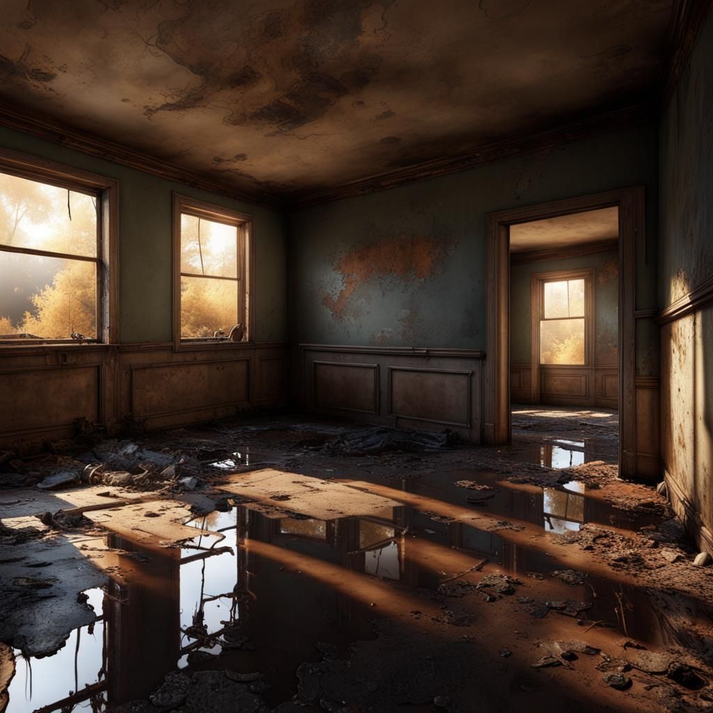 Abandoned Burnt Room with Sunlight, Photorealistic Image