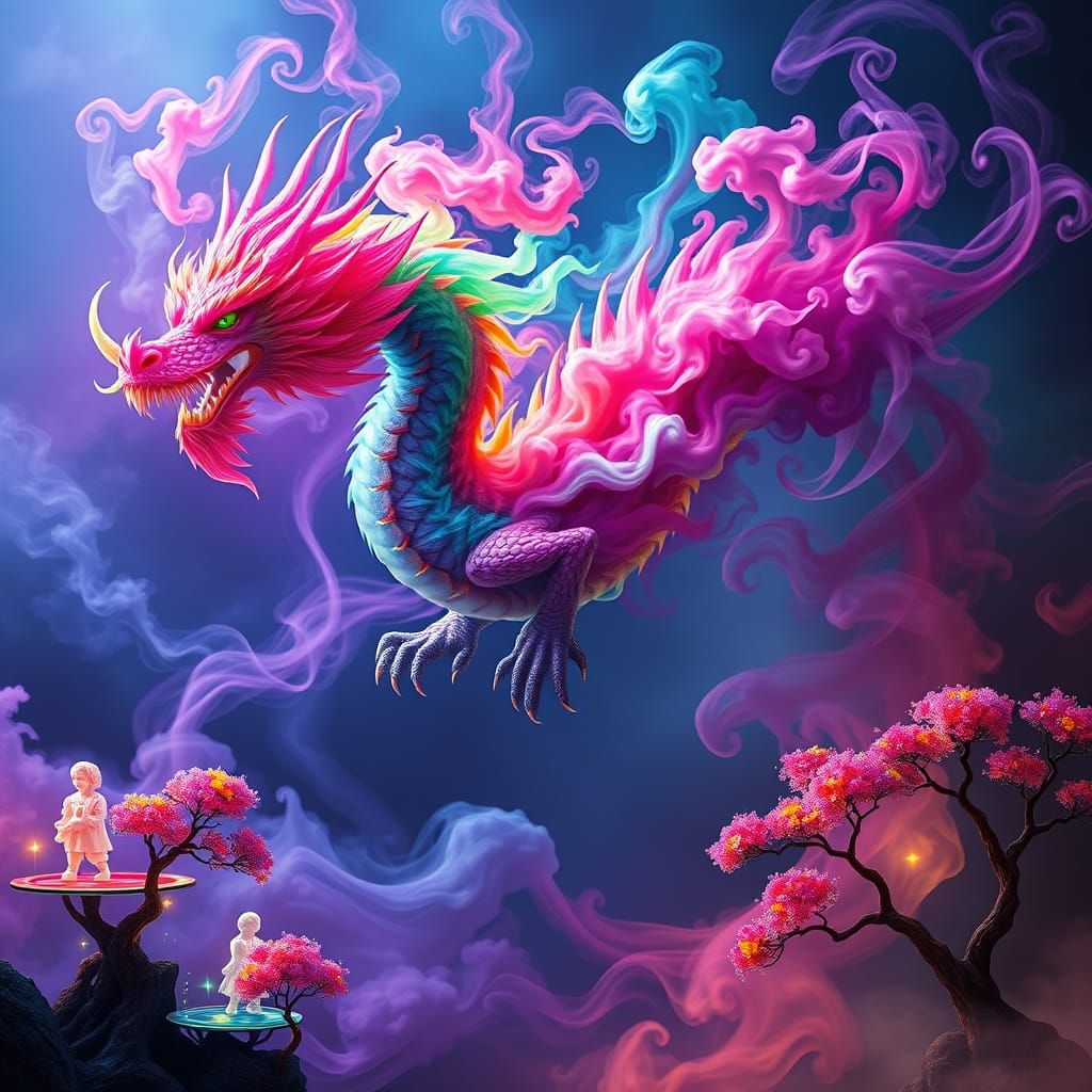 Colorful Smoke Dragon in Surreal Dreamscape