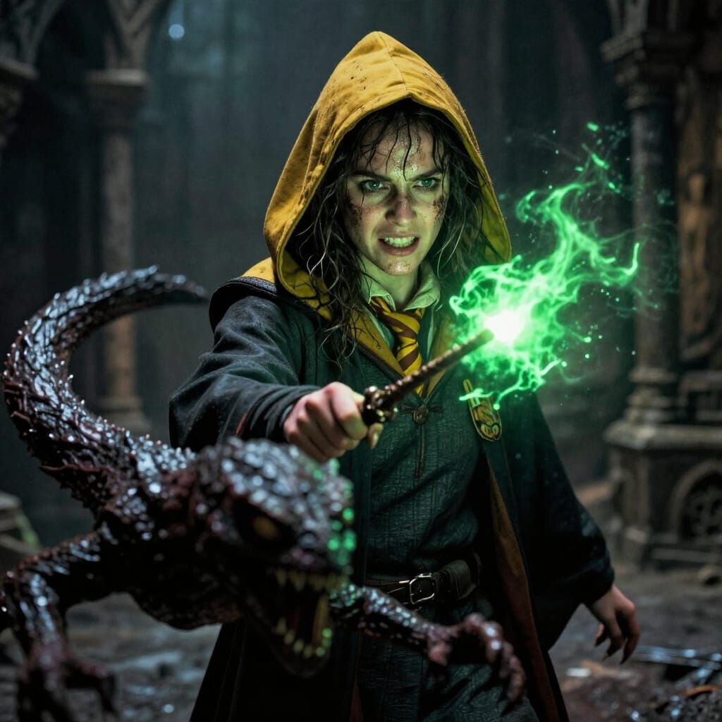 Determined Hufflepuff Witch in Dark Dungeon Battle