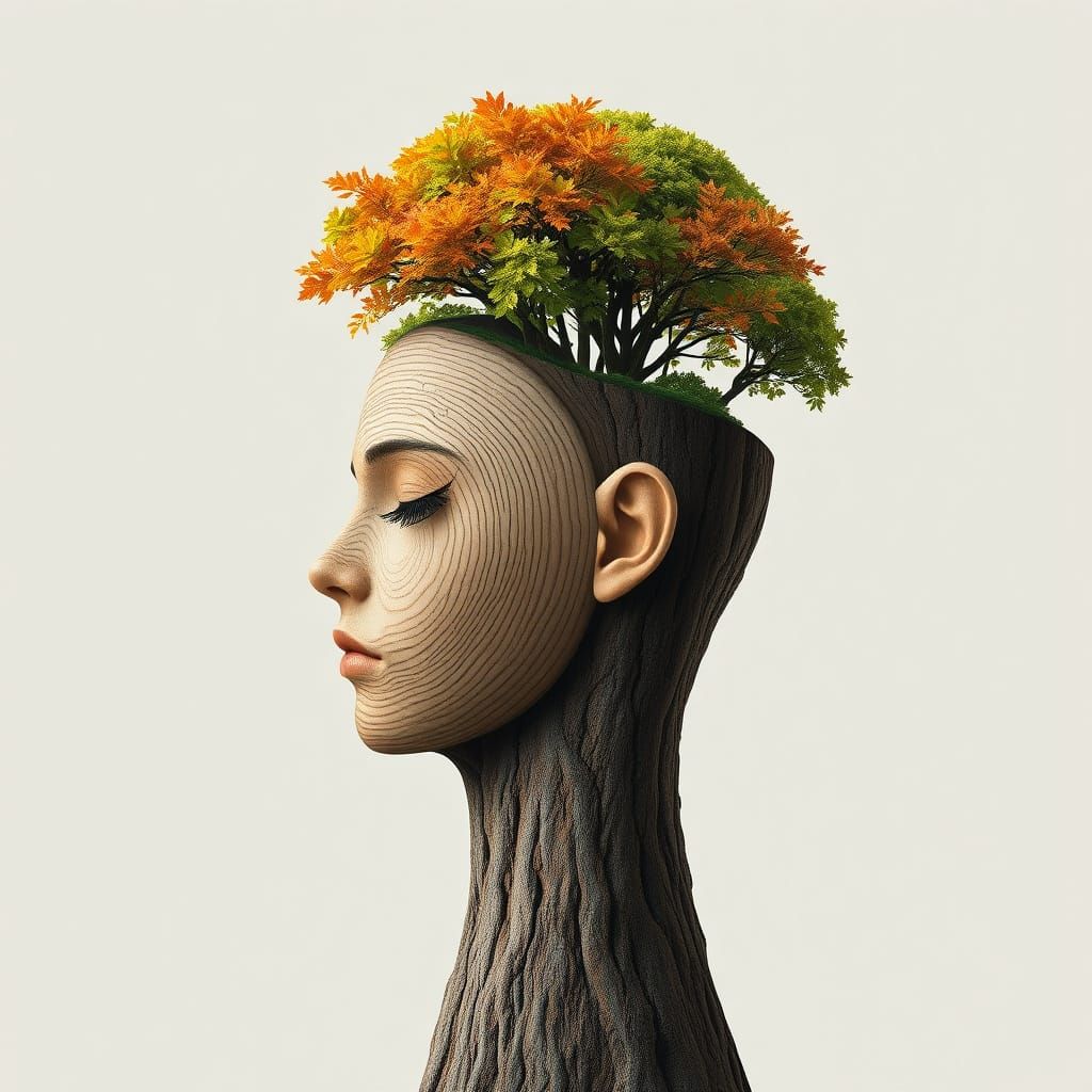 Surreal Digital Art of Human Face Integrated with Tree Trunk