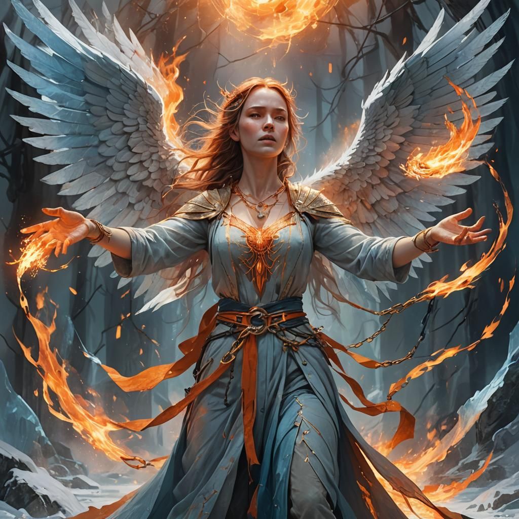 Mystical Woman with Fire and Ice Wings