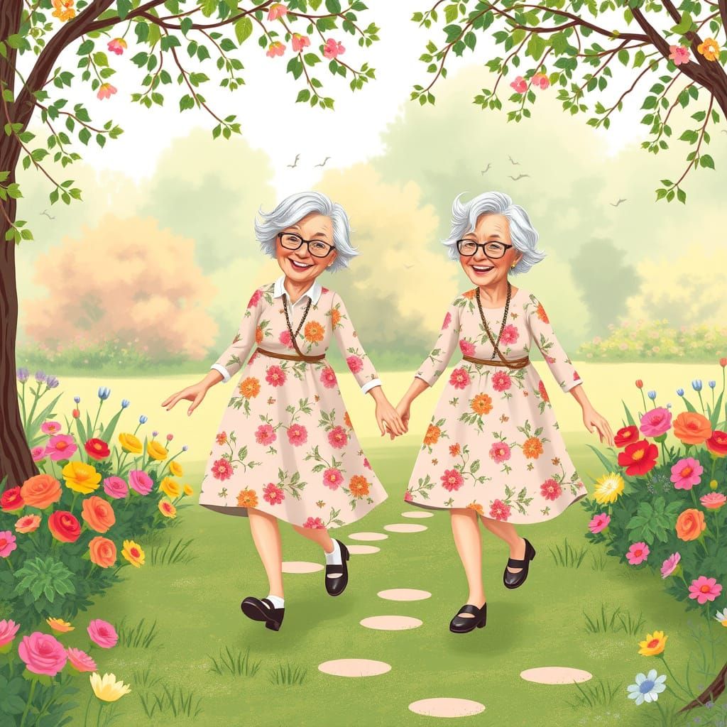 Elderly Women Skipping Joyfully in a Park
