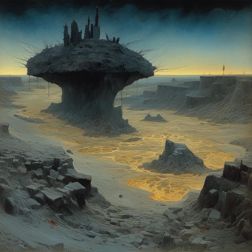 Basalt Rock Formation with Veins of Gold in Surreal Style