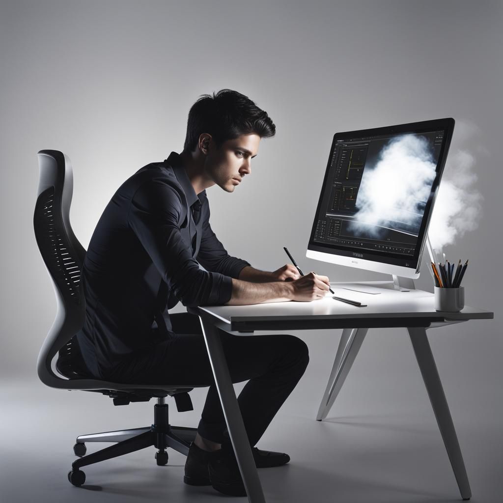 Man Working at Computer with Intense Gaze