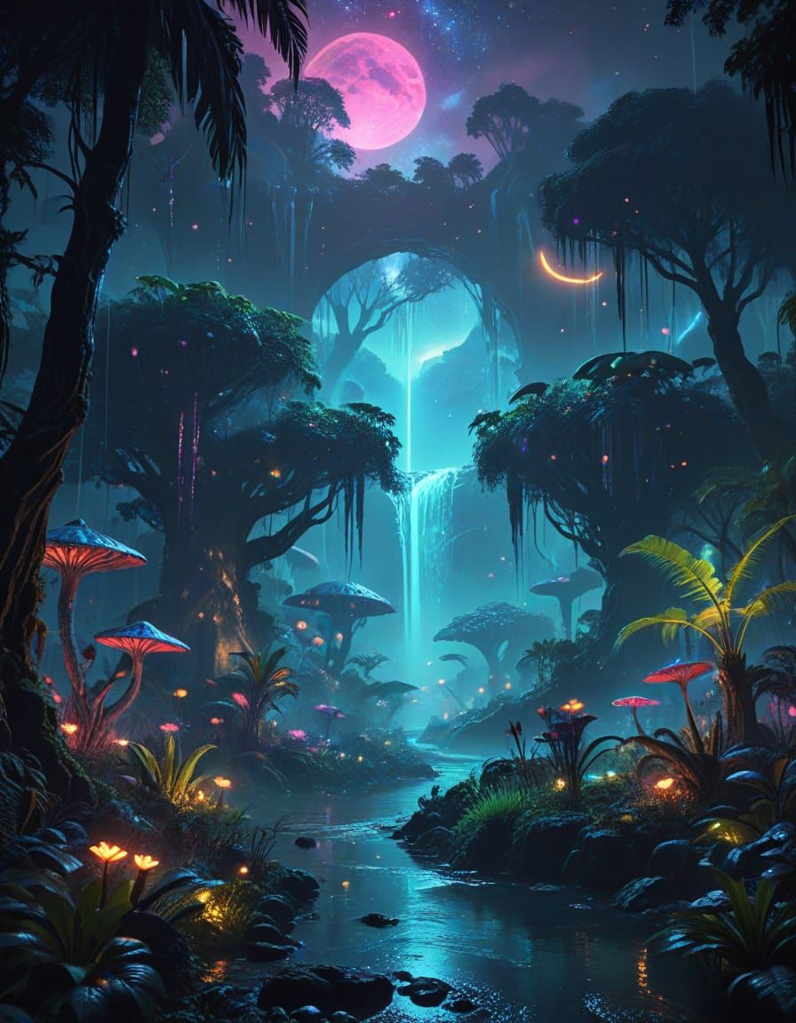 Bioluminescent Alien Jungle Under Twin Moons in Fauvist Styl...