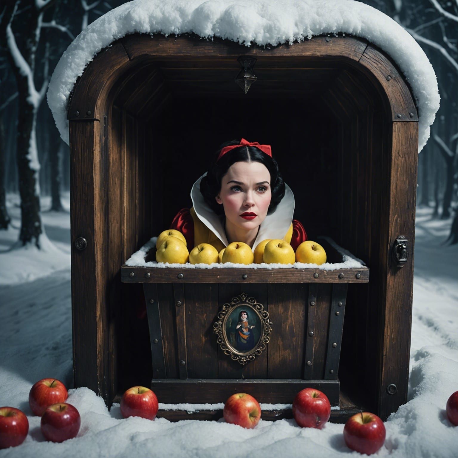Snow White in a glass coffin carried by the 7 dwarfs