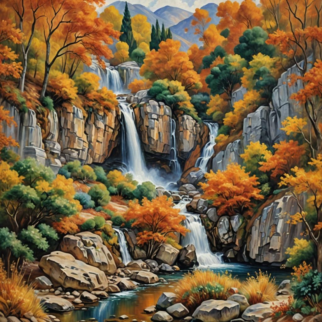 Autumn Waterfall in Impressionist Style
