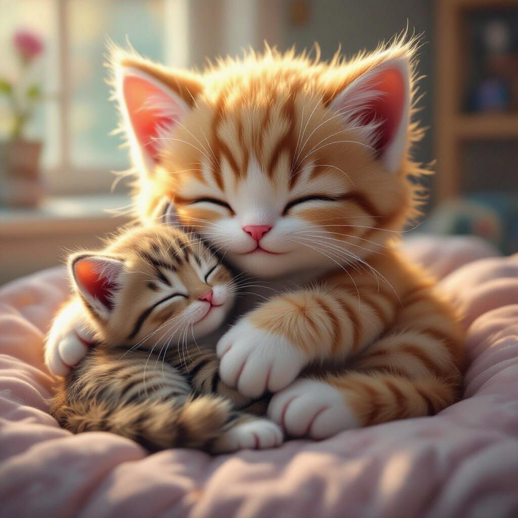 Plush Kitten Cuddled by Real Kitten in Fantasy Art Style