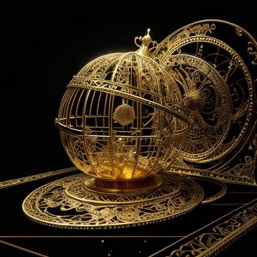Gilded Biomechanical Birdcage in Cosmic Void Digital Paintin...