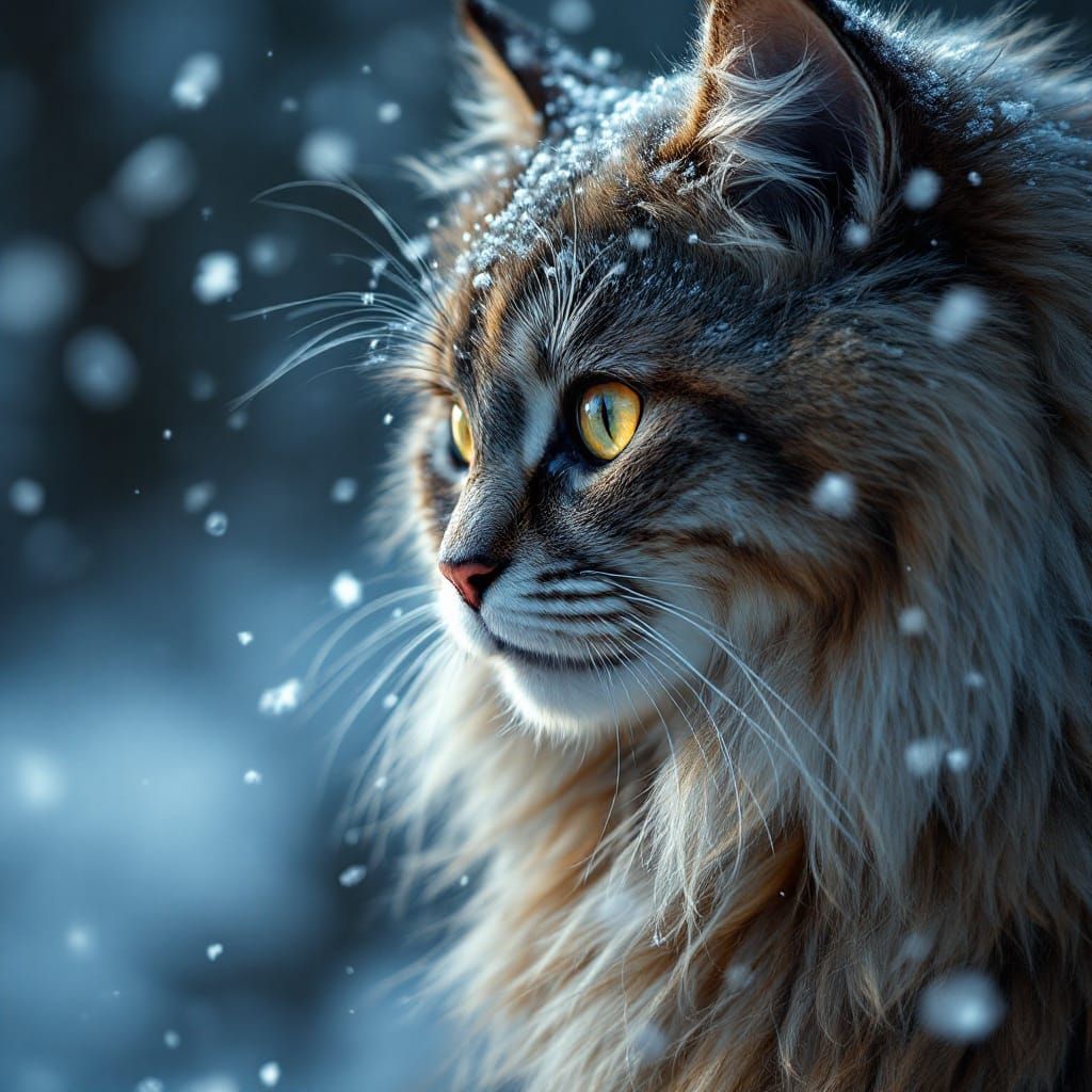 Hyperrealistic Norwegian Forest Cat in Snowy Atmosphere