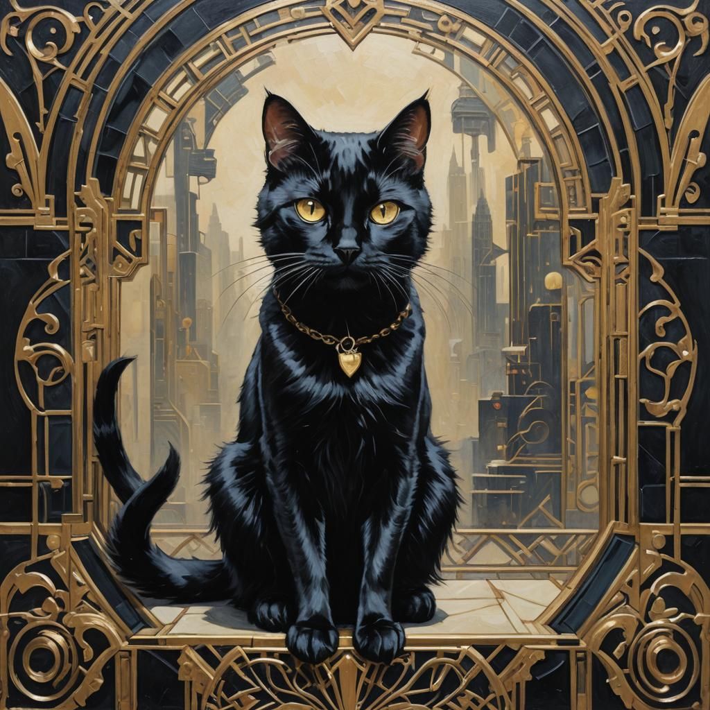 Art Deco Black Cat Oil Painting