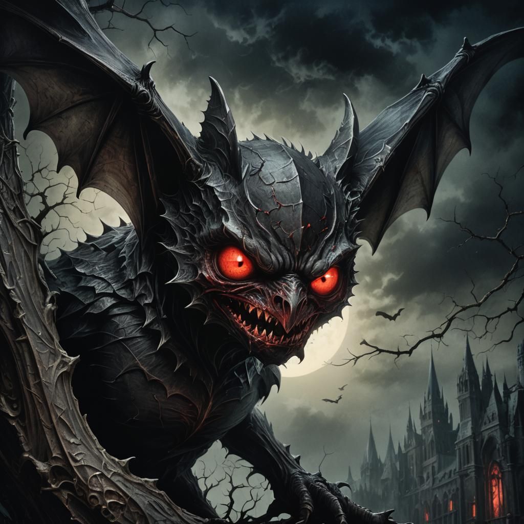 Dark Fantasy Bat Head Illustration in Gothic Style