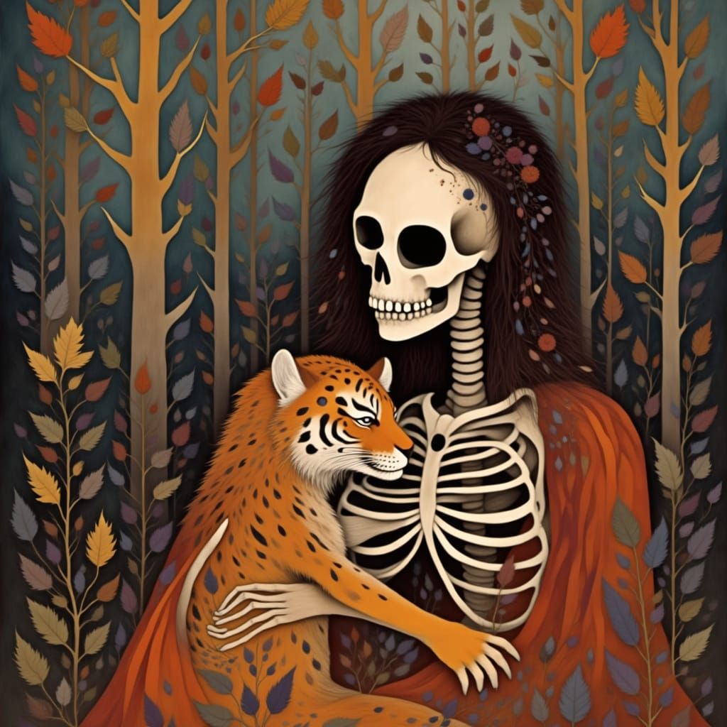 Wholesome Indian Skeleton Woman Hugs Tiger Cub