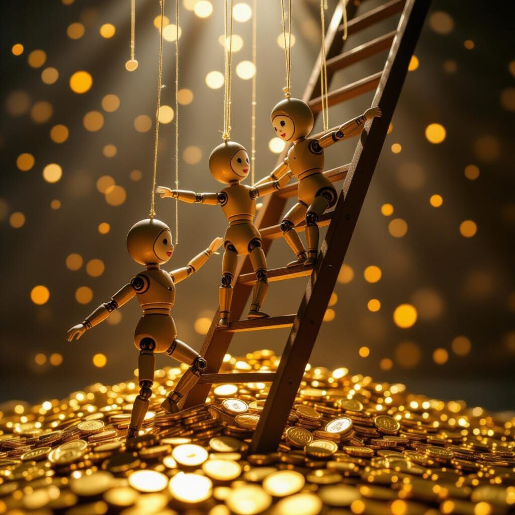Hyperrealistic Marionettes Ascend Gold Coin Torrent