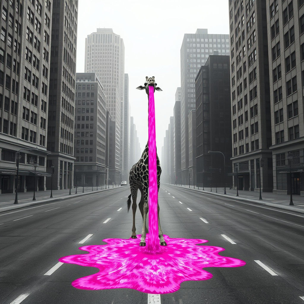 Giraffe's Hot Pink Waterfall in Abandoned City