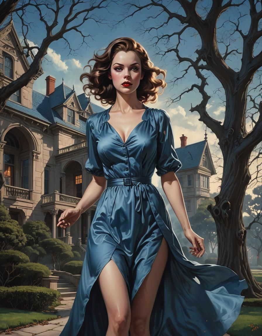 Woman Escaping Gothic Mansion in Hyperrealistic Style